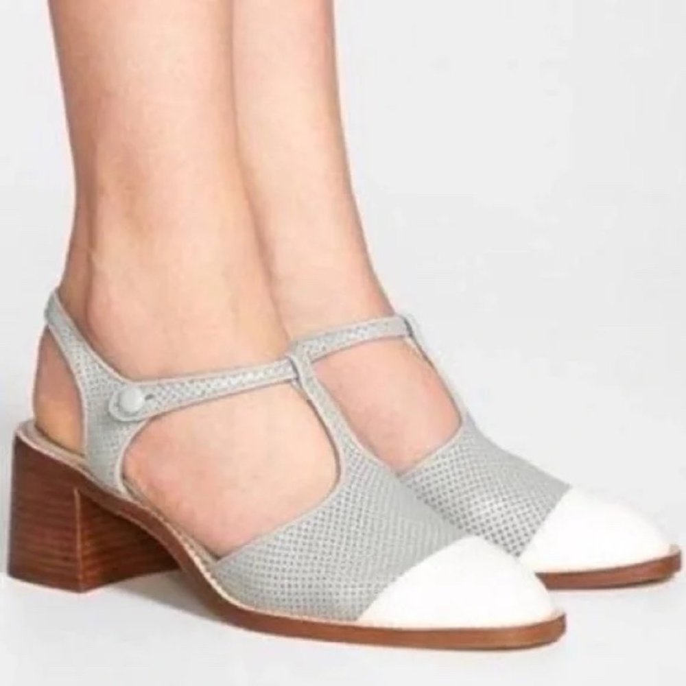 Vintage Jeffrey Campbell T-Strap Cap Toe Toma Heels Women’s 8 Gray/White